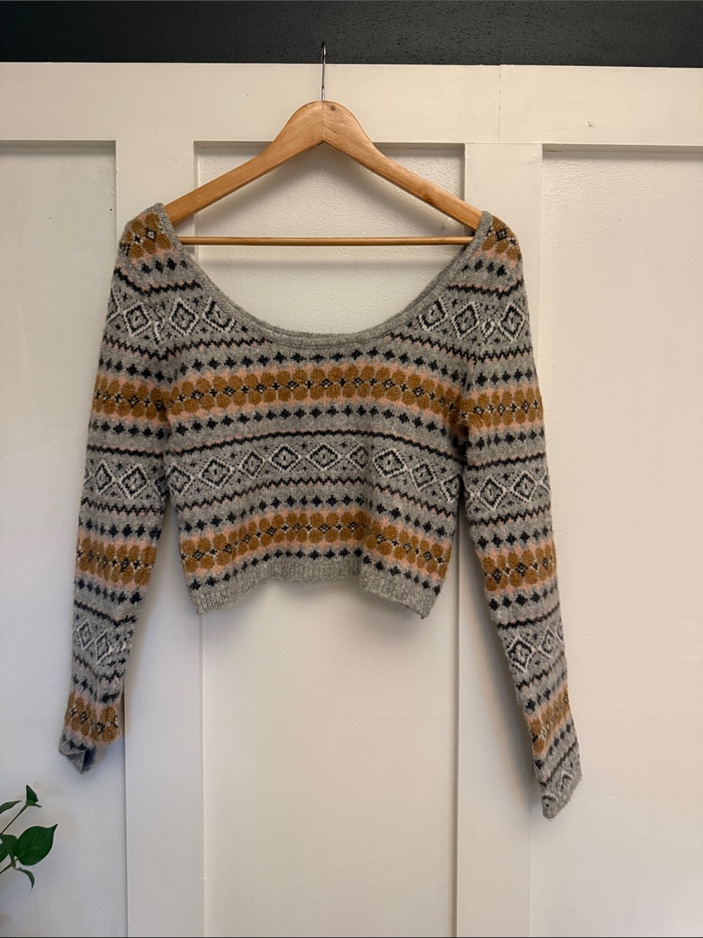 American Eagle Outfitters Grey & Mustard Patterned Scoop Neck Cropped Sweater